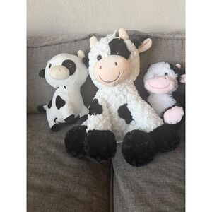Lot of 3 Cow Plush Stuffed Animals Black White Spotted Farm Animal Toy Set